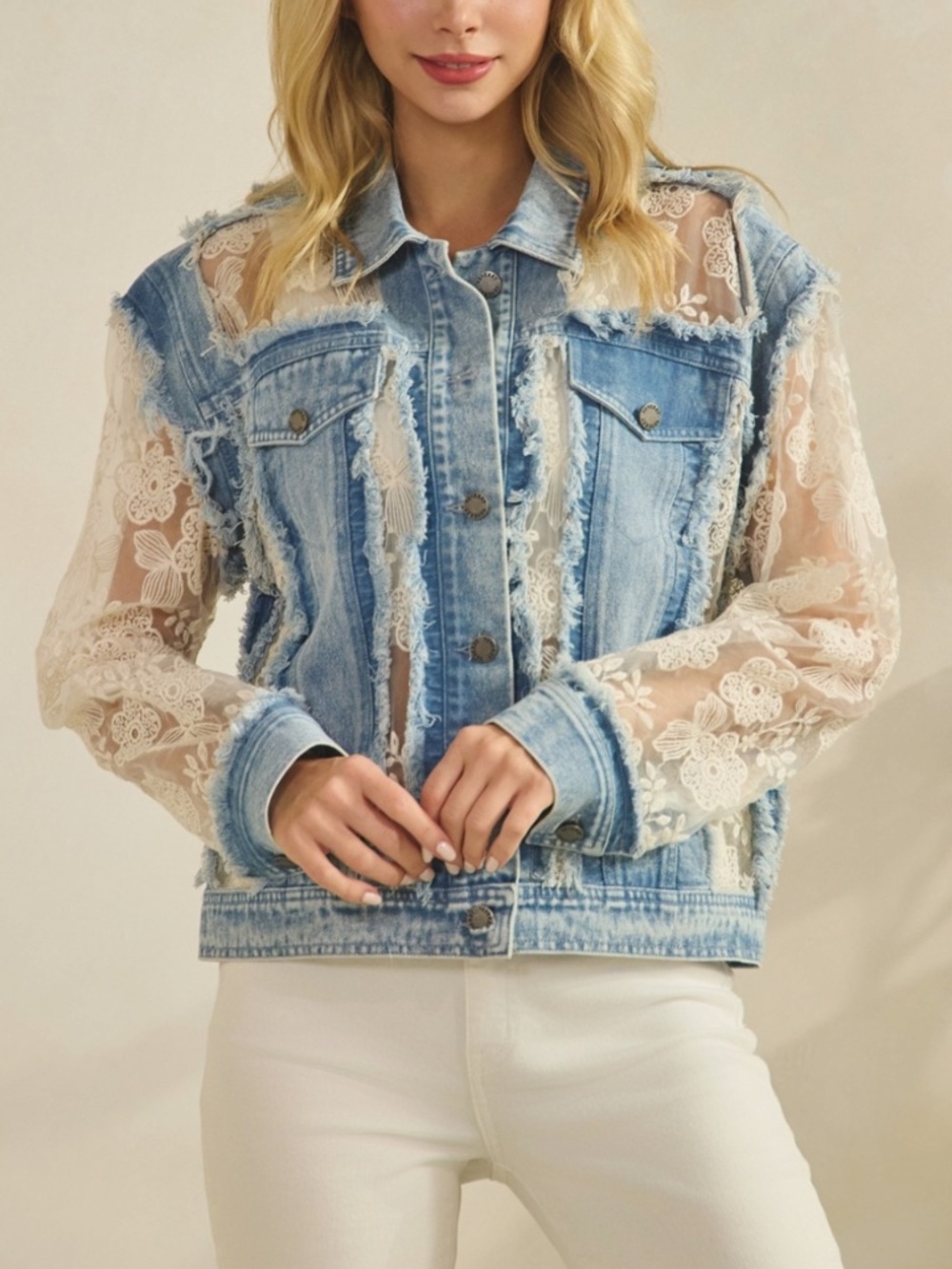 Western Floral Lace Semi Sheer Button Down Frayed Jacket - Picture 13 of 13